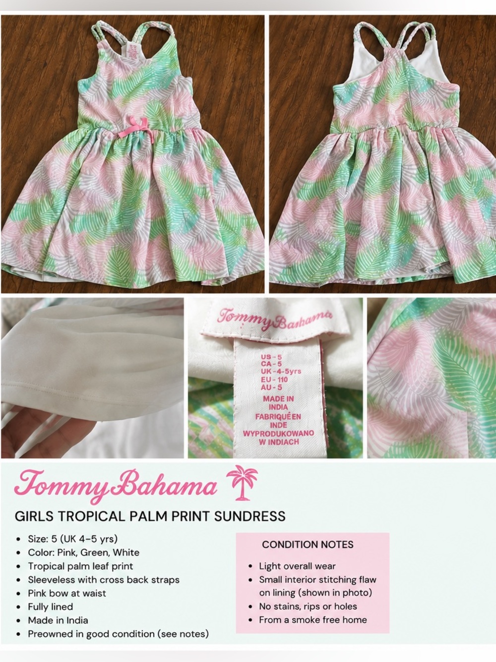Tommy Bahama Girls Tropical‎ Palm Print Sundress Size 5 Pink Green Resort Dress